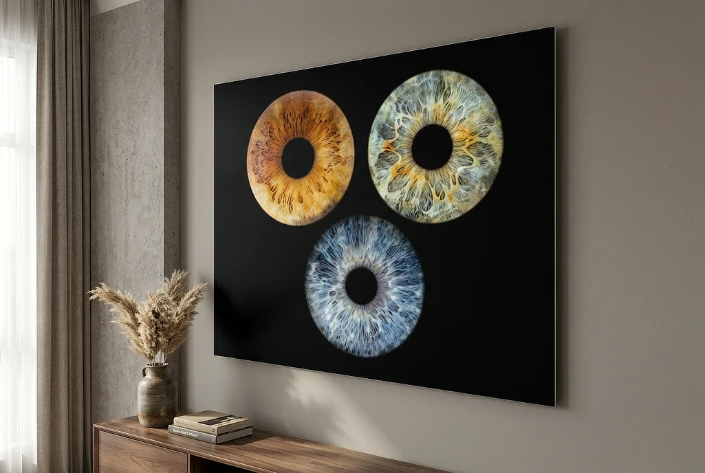 Tableau 3 iris sur support alu-dibond mat pour décoration intérieure